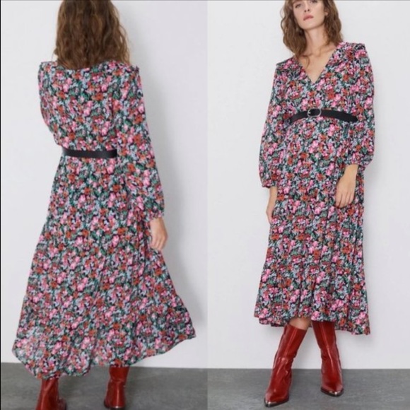 Zara Dresses & Skirts - Zara floral ruffled V neck oversized midi dress